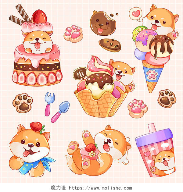 狗美食零食甜品点心夏天冰淇淋卡通水彩画插画